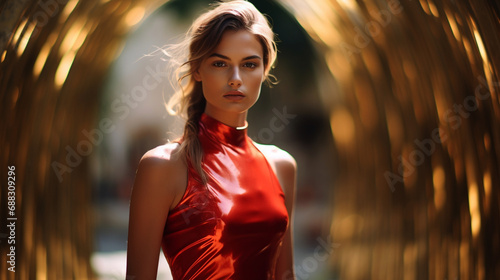 A fashion editorial photo of a female mode in red