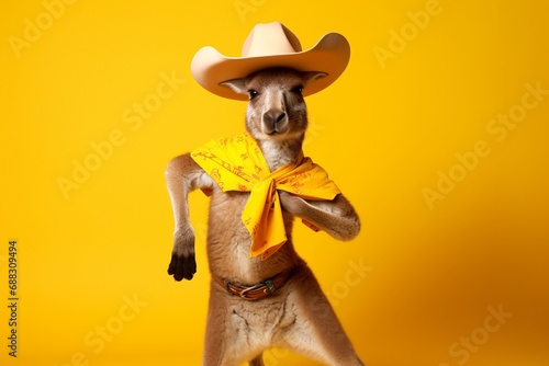 A whimsically dressed kangaroo wearing a cowboy hat, boots, and a bandana, striking a Western cowboy pose on a solid yellow background.