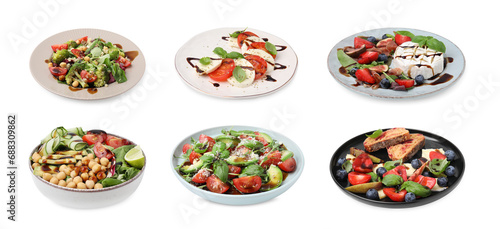 Delicious salads with balsamic vinegar isolated on white, set