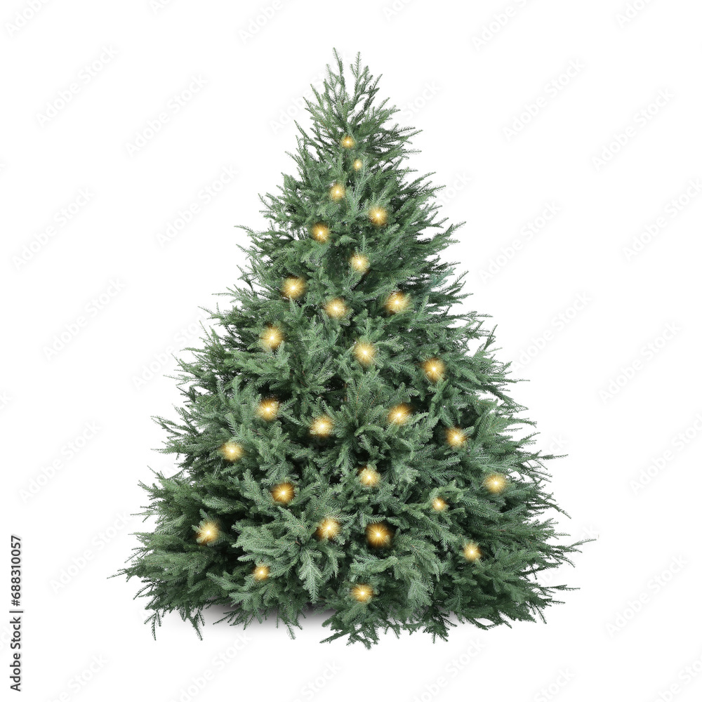Christmas tree decorated and festive lights isolated on white Christmas tree decorated and festive lights isolated on white
