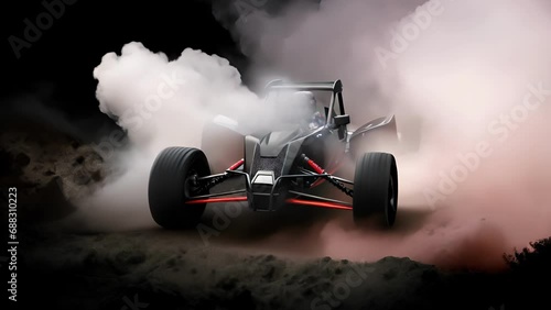A rearend shot of a offroad racing car speeding across a flat surface its tailpipes emitting a powerful sound. Speed drive concept. . photo