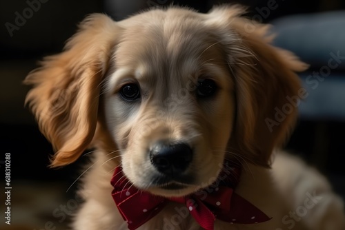 A cute golden retriever puppy with a red bow on its head  looking at the camera with a curious expression photo realistic  Generative AI 