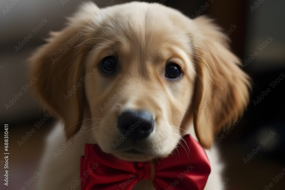 A cute golden retriever puppy with a red bow on its head, looking at the camera with a curious expression photo realistic (Generative AI)