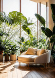 ULTRA HIGH RESOLUTION: Beautiful tropical interior design render, with tropical plants, natural sunlight, open plan living, sofa and chair, Monstera leaves, architecturally designed home living 