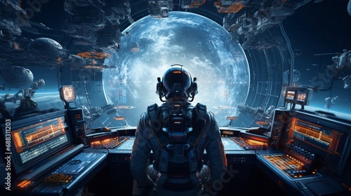 An astronaut floating in a space station, surrounded by a maze of advanced technology and control panels, with Earth visible through the window.
