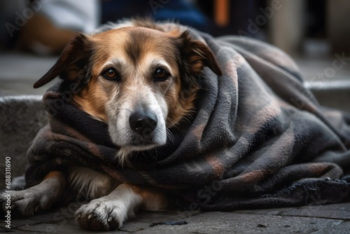 A dog protecting a homeless person from the cold, by sharing a blanket and snuggling with them on the ground photo realistic (Generative AI)