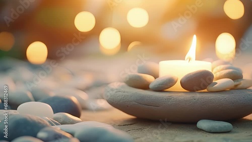 Closeup of a glowing candle p in a stone tray filled with smooth, polished stones, adding to the natural and calming aesthetic of the spa. photo