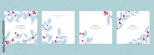 クリスマスのポストカードテンプレートセット。柊のイラスト。柊のベクターイラスト。Christmas postcard template set. Illustration of holly. Vector illustration of holly.