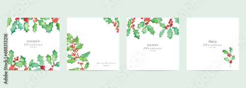 クリスマスのポストカードテンプレートセット。柊のイラスト。柊のベクターイラスト。Christmas postcard template set. Illustration of holly. Vector illustration of holly.