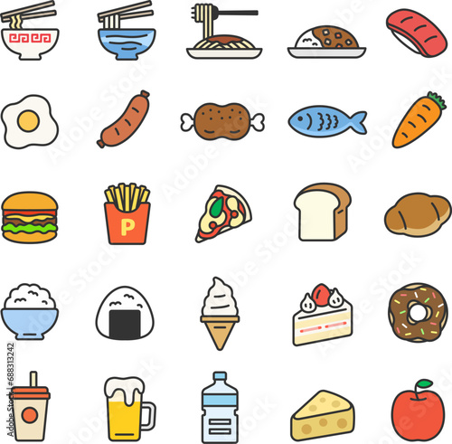 食べ物のアイコン（線画カラー）のイラストセット