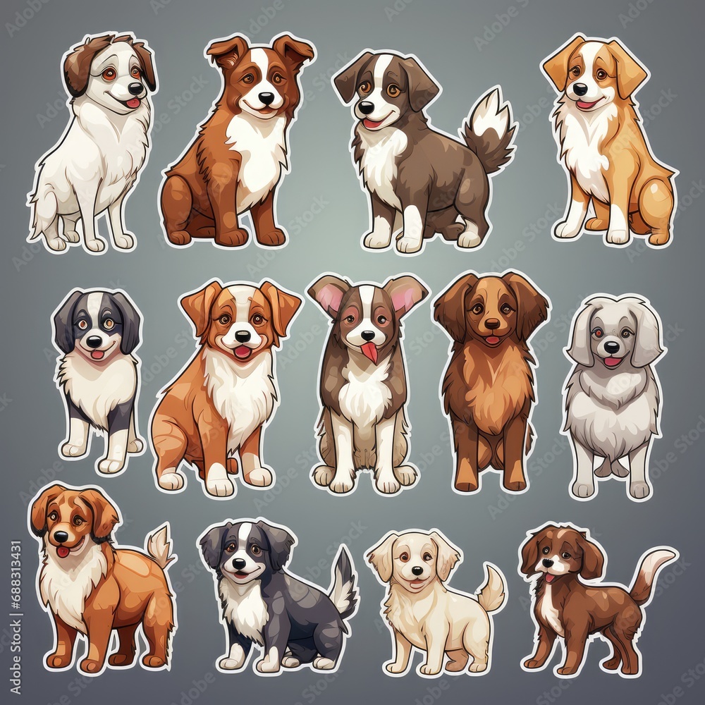 Collection of dog sticker illustrations, AI generated Image