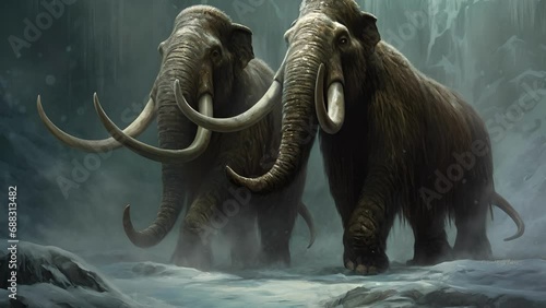 Two Mammoths frozen in time their tusklocked battle forever captured in a deep icy tomb.. . photo