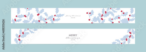 クリスマスのポストカードテンプレートセット。柊のイラスト。柊のベクターイラスト。Christmas postcard template set. Illustration of holly. Vector illustration of holly.