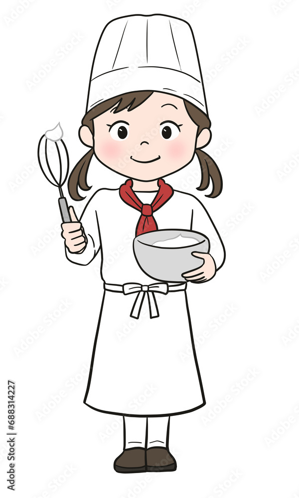 パティシエ体験する女の子(全身)カラー パティシエ体験する女の子(全身)カラー