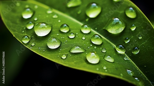 Showcase a macro shot of water droplets on a leaf, utilizing advanced photographic equipment.