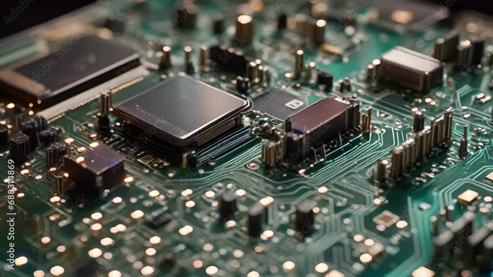 A dynamic mix of circuitry and data signals, pulsating with the power of Fintech innovation on a modern circuit board. .