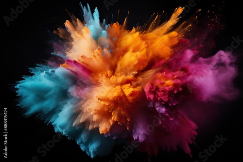 background black isolated powder colored Explosion spectrum blue yellow orange violet magenta freeze motion abstract speed smoke paint explode dust