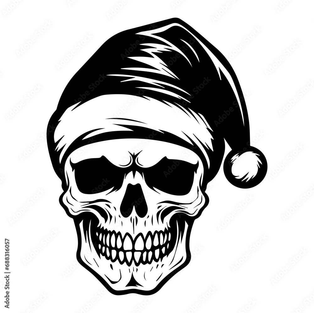 skull wearing Santa Claus hat, skull in a Christmas hat, Generative AI. skull wearing Santa Claus hat, skull in a Christmas hat, Generative AI.