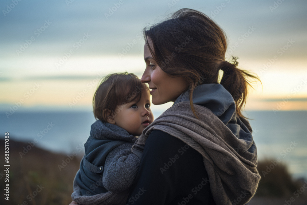 woman and her beautiful cute baby in the sunset beachside setting woman and her beautiful cute baby in the sunset beachside setting