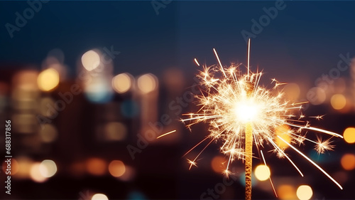 Sparkler with blurred night city