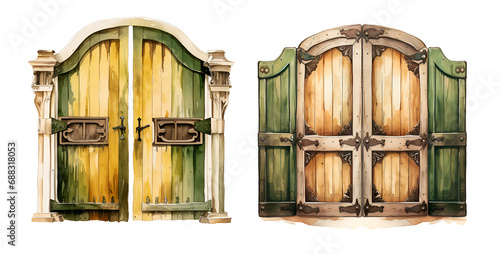 Western old saloon doors, watercolor clipart illustration with isolated background