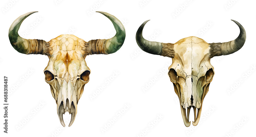 Western buffalo skull, watercolor clipart illustration with isolated background - obrazy, fototapety, plakaty 