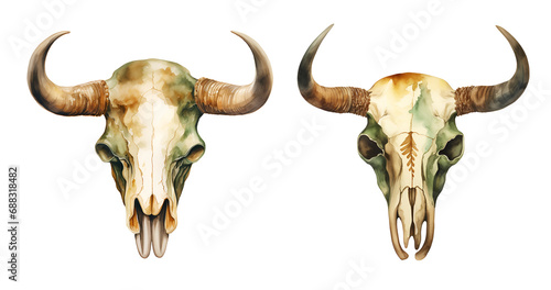Western buffalo skull, watercolor clipart illustration with isolated background photo