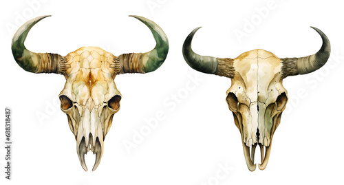 Western buffalo skull, watercolor clipart illustration with isolated background photo