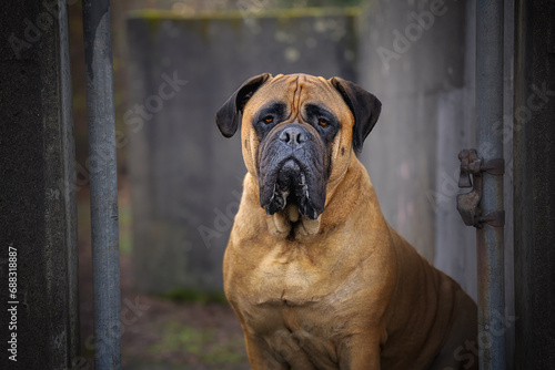 2023-12-01 LARGE BULLMASTIFF LOOKING STRAIGHT OUT FROM WITHIN A OLD CEMENT WAREHOUSE WITH NICE EYES AND A BLURRED BACKGROUND photo