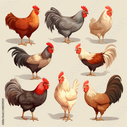 Set of chicken stickers illustration, AI generated Image