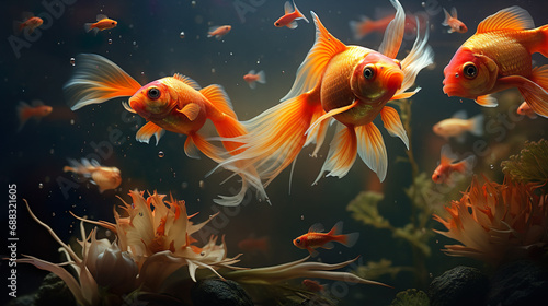 The goldfish in deep orange and light gold swim in a tank with plants, algae and rocks, air bubbles, influences, plump bodies. © seesulaijular