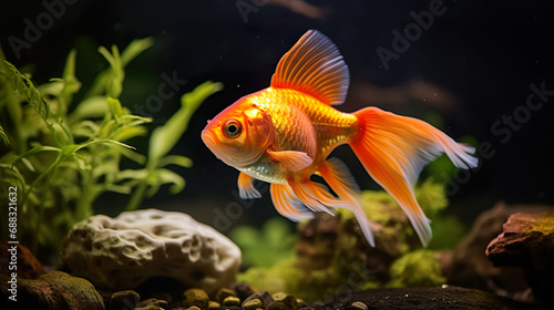 The goldfish in deep orange and light gold swim in a tank with plants  algae and rocks  air bubbles  influences  plump bodies.