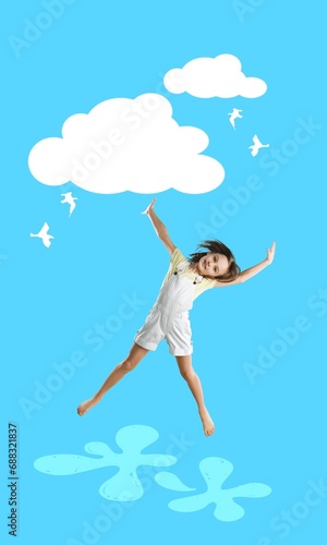 Creative collage of happy people in blue sky