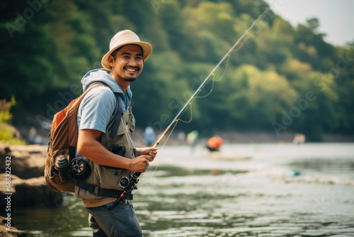 Smiling Man with Fishing Rod Enjoying Nature by the River 