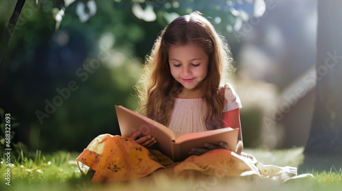 cute little girl reading a book Reading with interest in the lesson being read on the grass in the park.