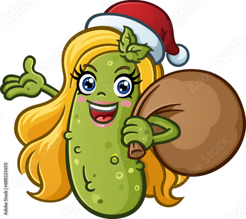Christmas pickle girl cartoon character with a santa hat and a sack full of christmas presents giving a ta da hand gesture and smiling big for the festive holiday season vector clip art