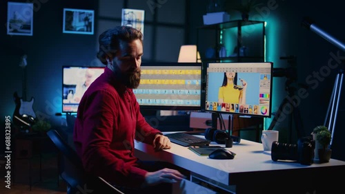 Photo editor procrastinating watching funny cat videos instead of working. Photographer Procrastination taking break, spending time on phone, unproductive scrolling for cheap entertainment