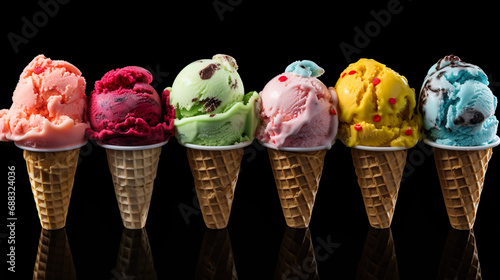 Assorted of ice cream scoops with cones in a row on a black background. Colorful set of ice cream spoons of different flavors. photo