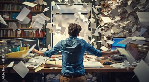 Stressed worker with overflowing paperwork photo