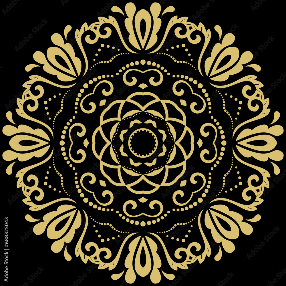 Oriental ornament with arabesques and floral elements. Traditional round golden classic ornament. Vintage pattern with arabesques Oriental ornament with arabesques and floral elements. Traditional round golden classic ornament. Vintage pattern with arabesques