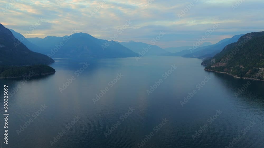Aerial view of sea landscape north of Vancouver in the evening.