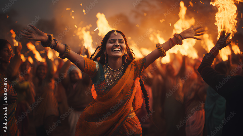 makar sankranti, diwali, lohri  indian traditional festival background, happy smiling indian woman in punjab traditional dress - obrazy, fototapety, plakaty 