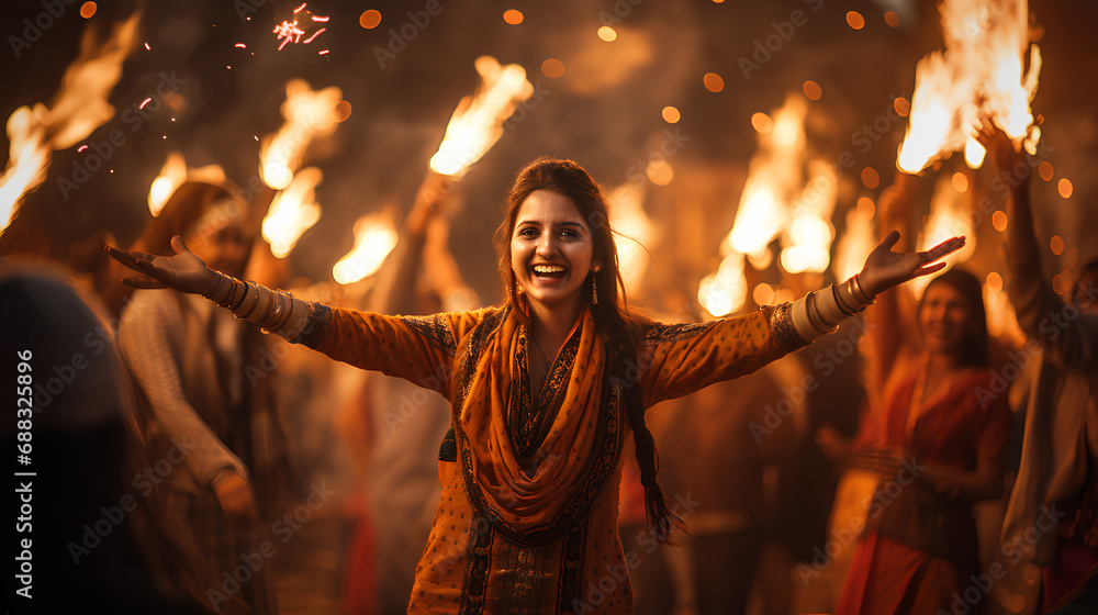 makar sankranti, diwali, lohri  indian traditional festival background, happy smiling indian woman in punjab traditional dress - obrazy, fototapety, plakaty 
