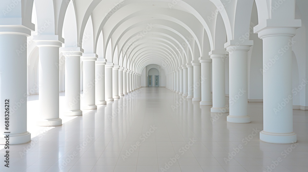 Contemporary hallway with white arches and columns