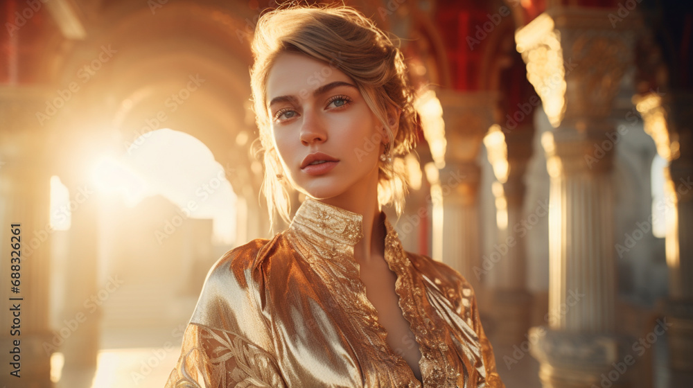 A fashion editorial photo of a female model A fashion editorial photo of a female model