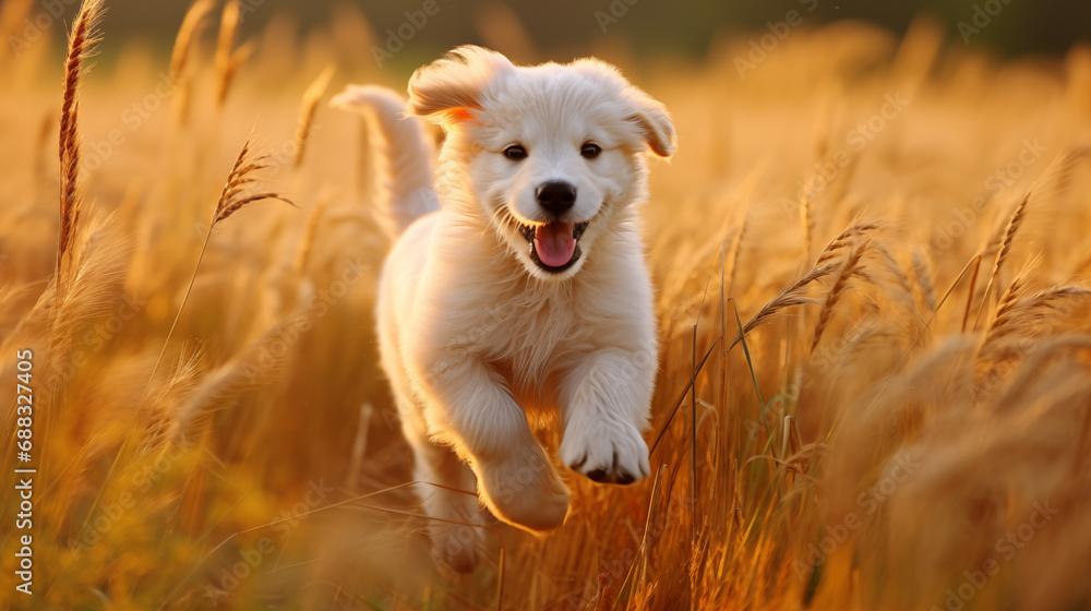 puppy running in field - obrazy, fototapety, plakaty 