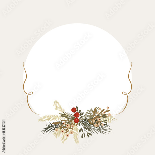 Ramka w prostym stylu. Botaniczny wzór z gałązkami jemioły, kwiatami i czerwonymi jagodami. Do wykorzystania na zaproszenia, świąteczne życzenia, kartki z okazji Bożego Narodzenia lub Nowego Roku.