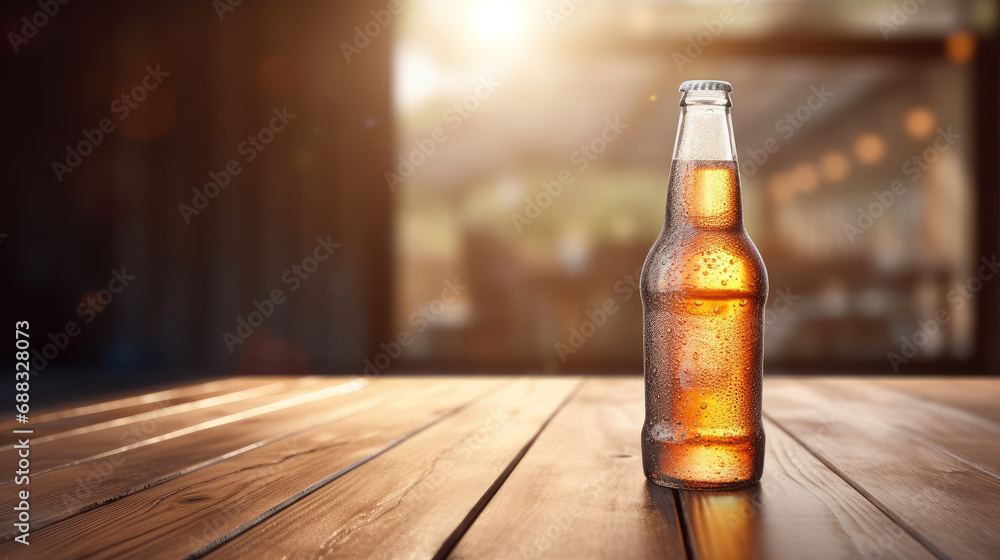 Bottle of beer on wood table
