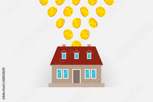 House icon and coins with percent signs, housing expenses or profit