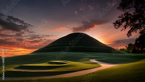 sets behind horizon, slithering silhouette Serpent Mound outlined against colorful sky. undulating curves coils effigy mound appear come alive fading light, casting 2d animation photo